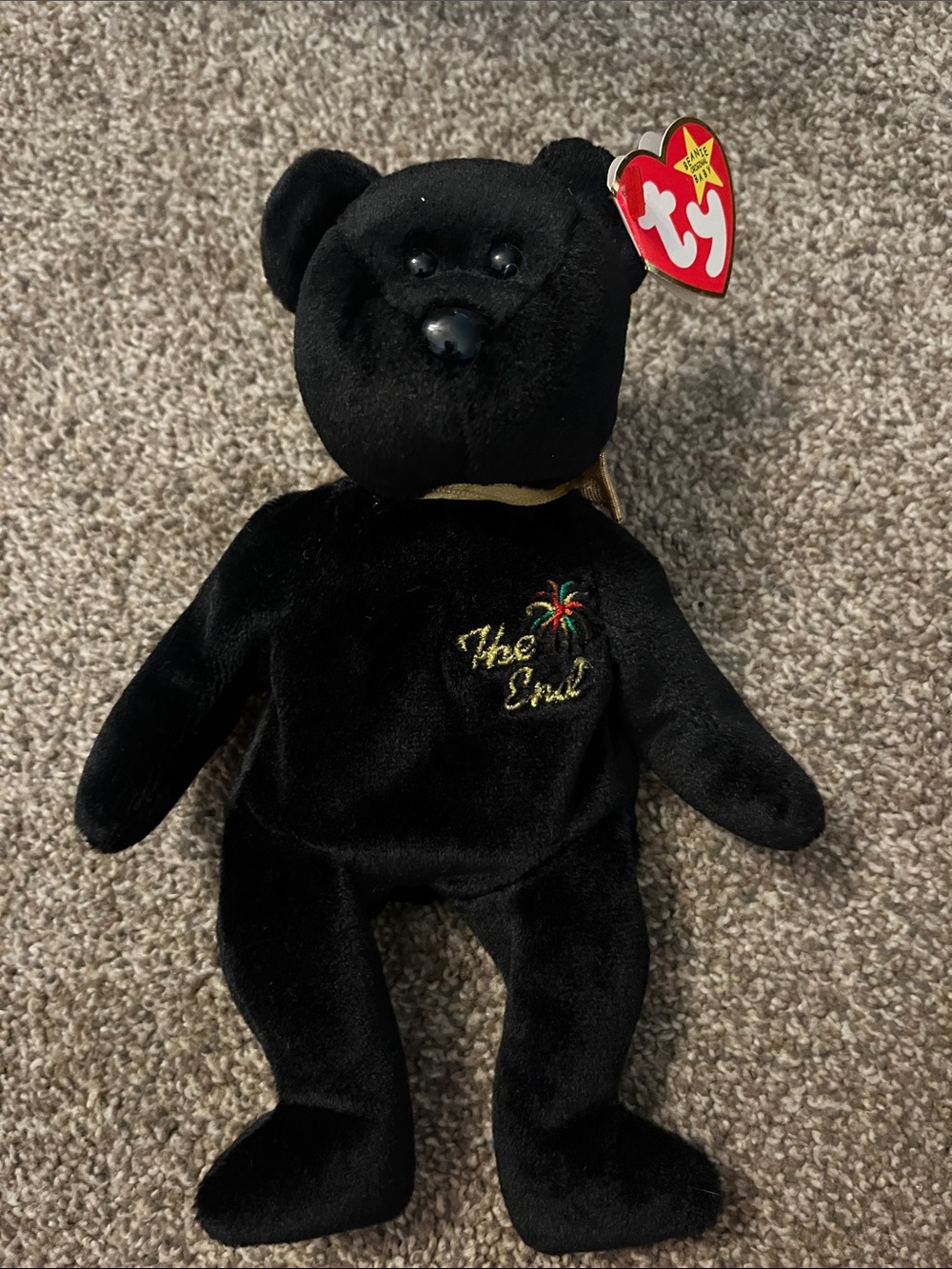 Ty Black Beanie Baby Bear with Embroidered 'The End' and Colorful Detail
